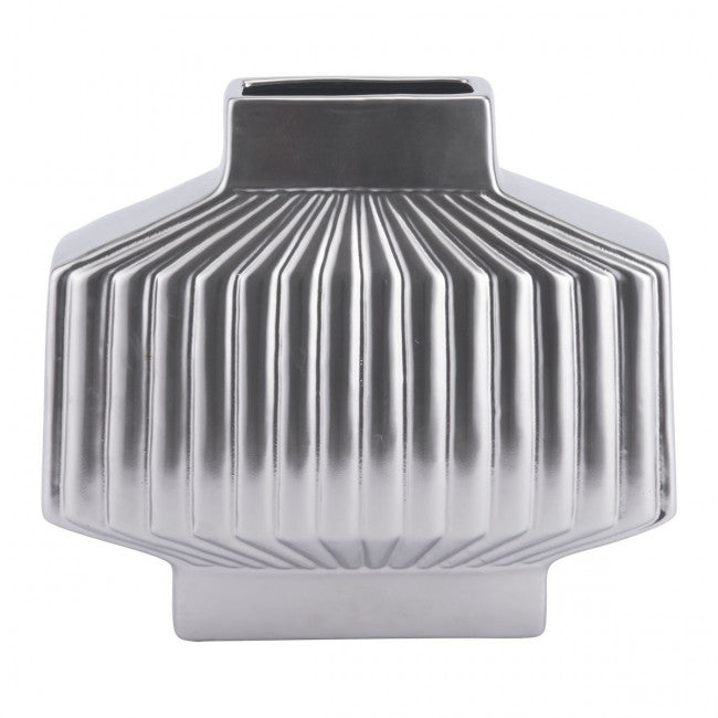 Retro Modern Silver Stoneware Ridged Vase