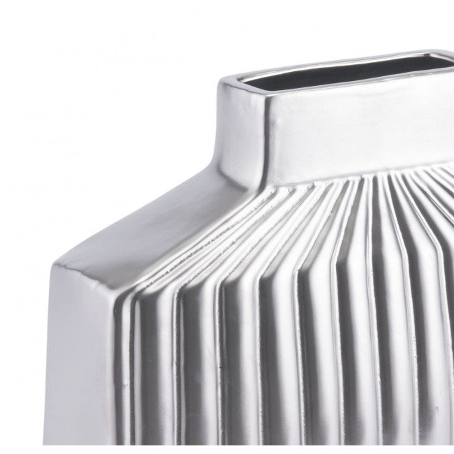 Retro Modern Silver Stoneware Ridged Vase