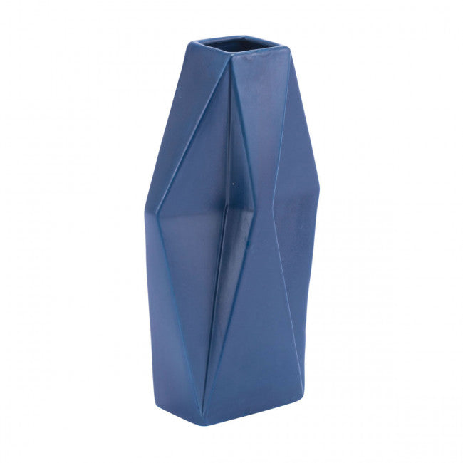 Matte Blue Ceramic Vase w/ Geometric Design