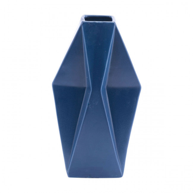 Matte Blue Ceramic Vase w/ Geometric Design