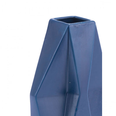 Matte Blue Ceramic Vase w/ Geometric Design