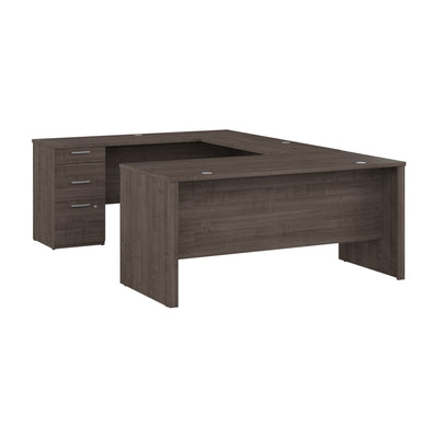 65" U-Shaped Desk in Warm Gray Maple with File Cabinet
