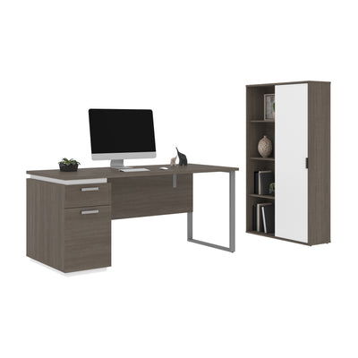 66" Bark Gray and White Desk Set with Large Cabinet