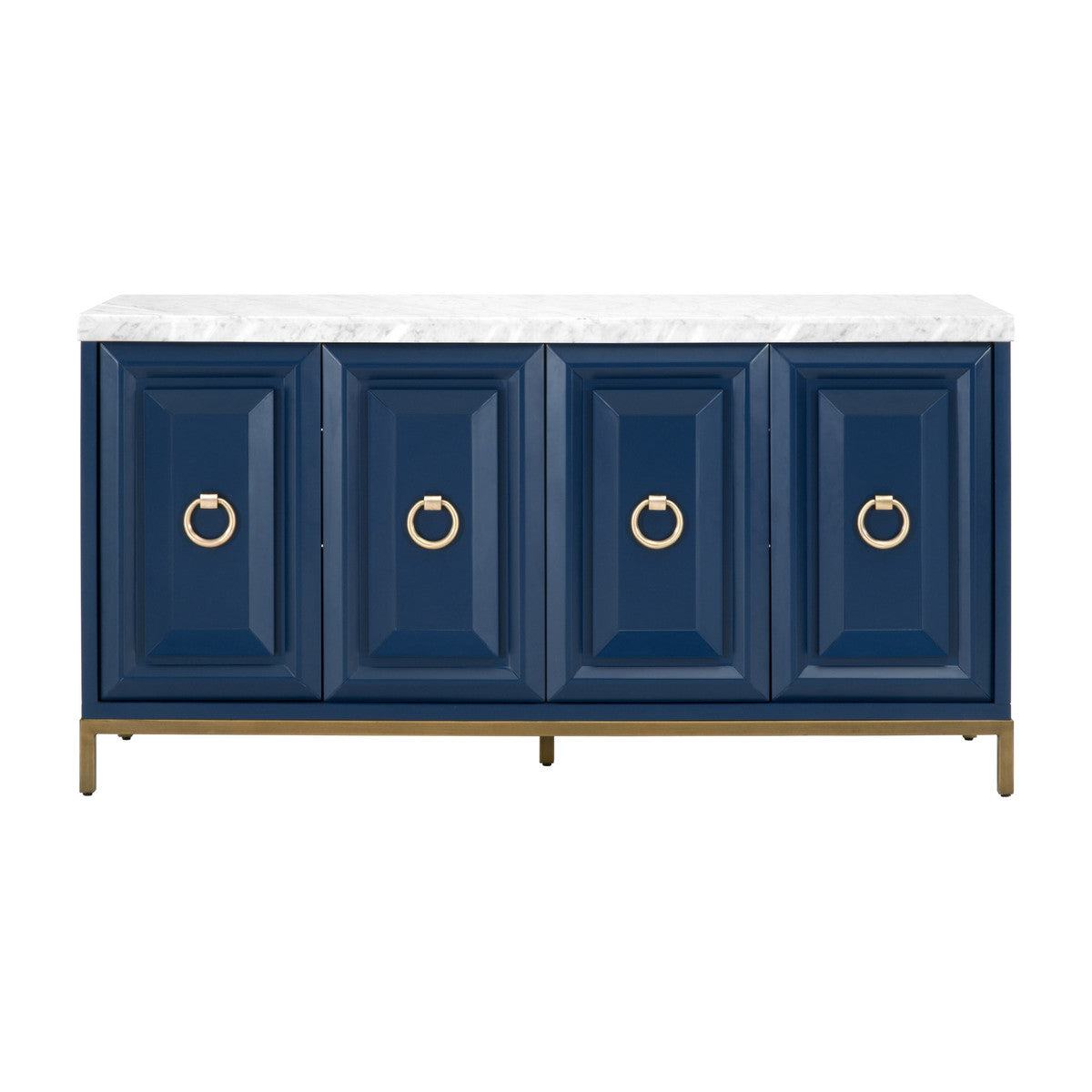 71" Carrera Marble & Navy Storage Credenza with Brushed Gold Accents