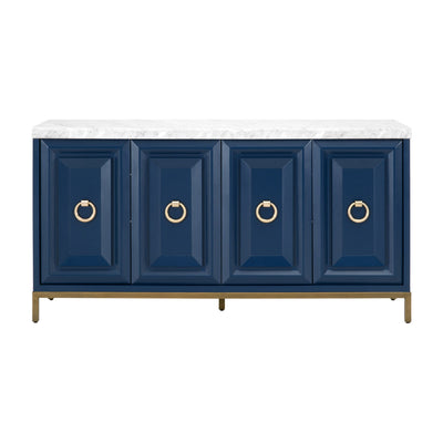 71" Carrera Marble & Navy Storage Credenza with Brushed Gold Accents