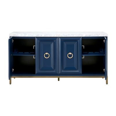 71" Carrera Marble & Navy Storage Credenza with Brushed Gold Accents