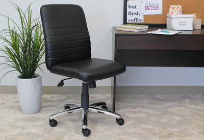 Black Faux Leather Armless Chair w/ Horizontal Panels