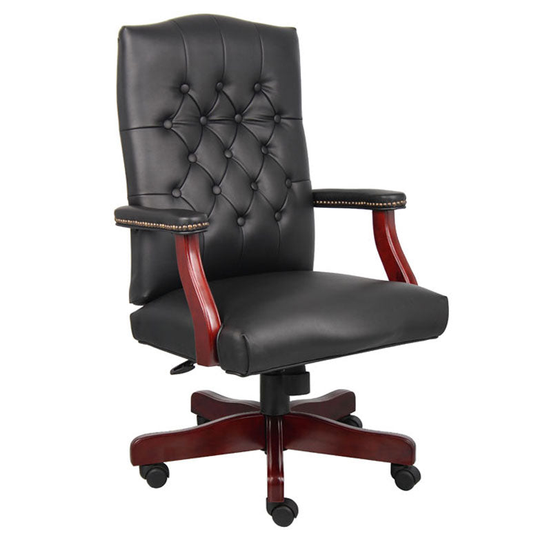 Elegant Black & Mahogany Button-Tufted Office Chair