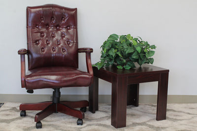 Elegant Deep Red & Mahogany Button-Tufted Office Chair