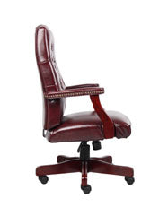 Elegant Deep Red & Mahogany Button-Tufted Office Chair