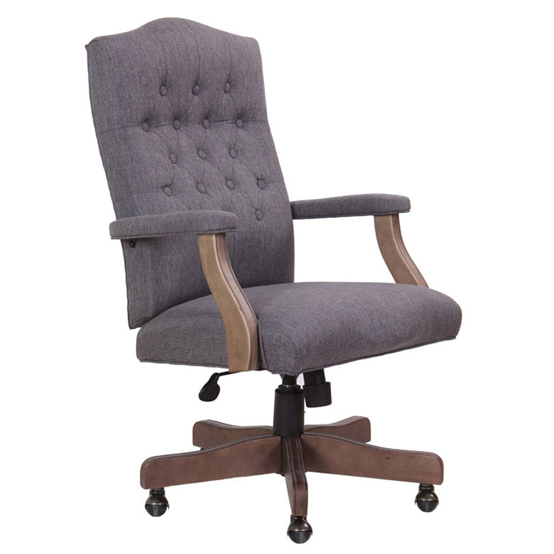 Elegant Slate Gray Linen & Driftwood Button-Tufted Office Chair