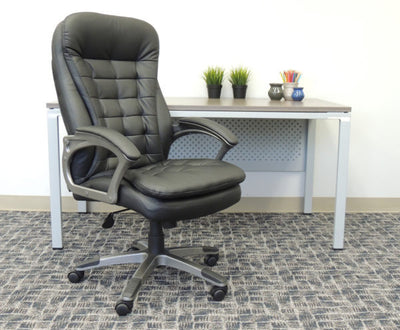 Black Faux Leather & Pewter Office Chair w/ Pillow Top Cushions