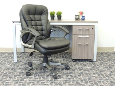 Black Faux Leather & Pewter Mid-Back Office Chair w/ Pillowtop Cushions
