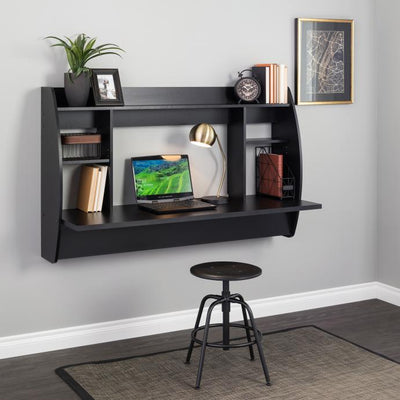 58" Wide Floating Desk with Shelf Storage in Black