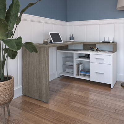 56" X 44" Unique Petite Corner Desk with Credenza in Walnut Gray & White