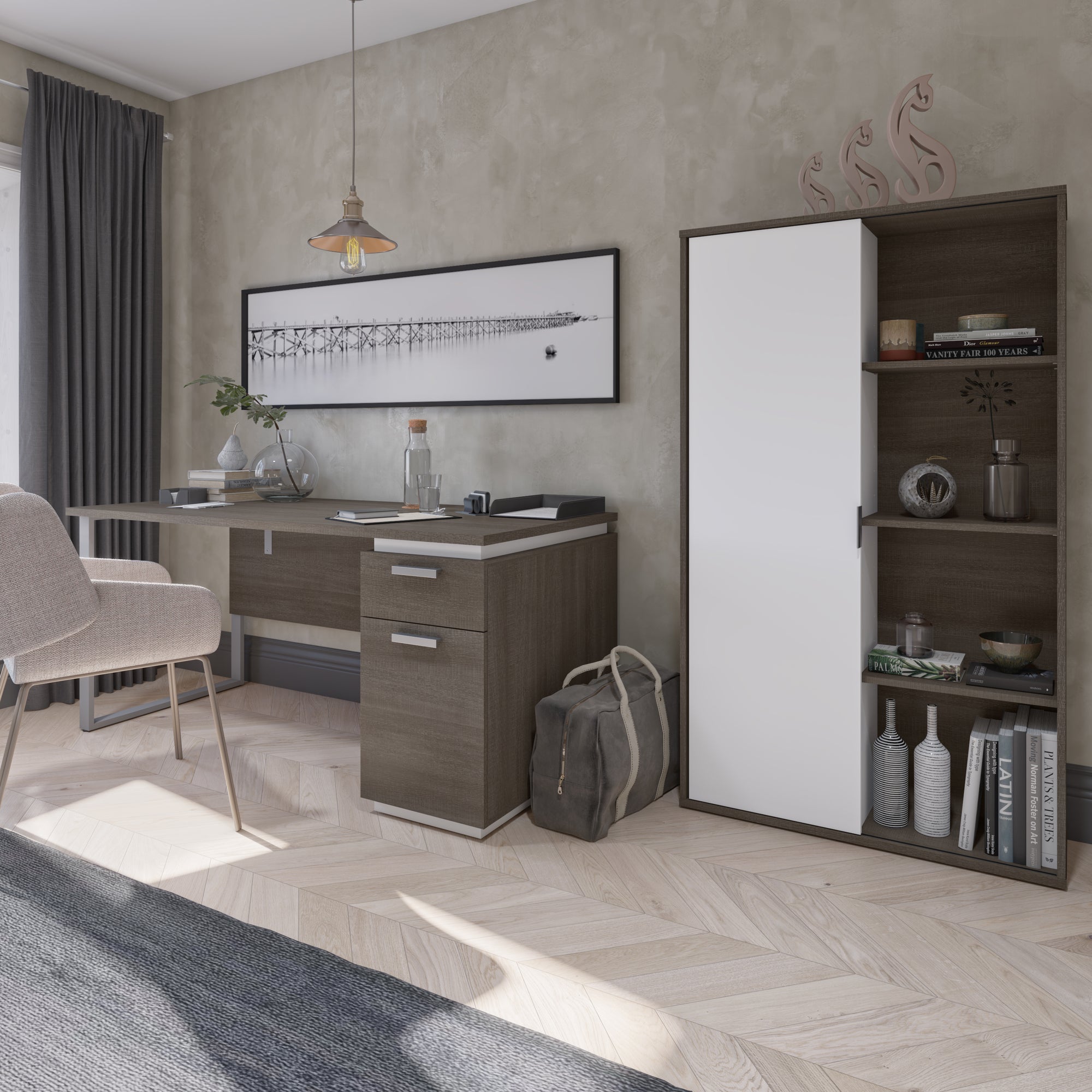 66" Bark Gray and White Desk Set with Large Cabinet