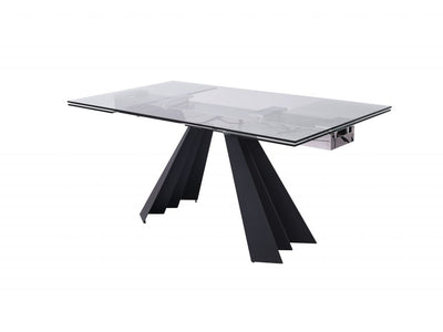 63" Retractable Glass & Black Metal Conference Table with Fan-Shaped Legs