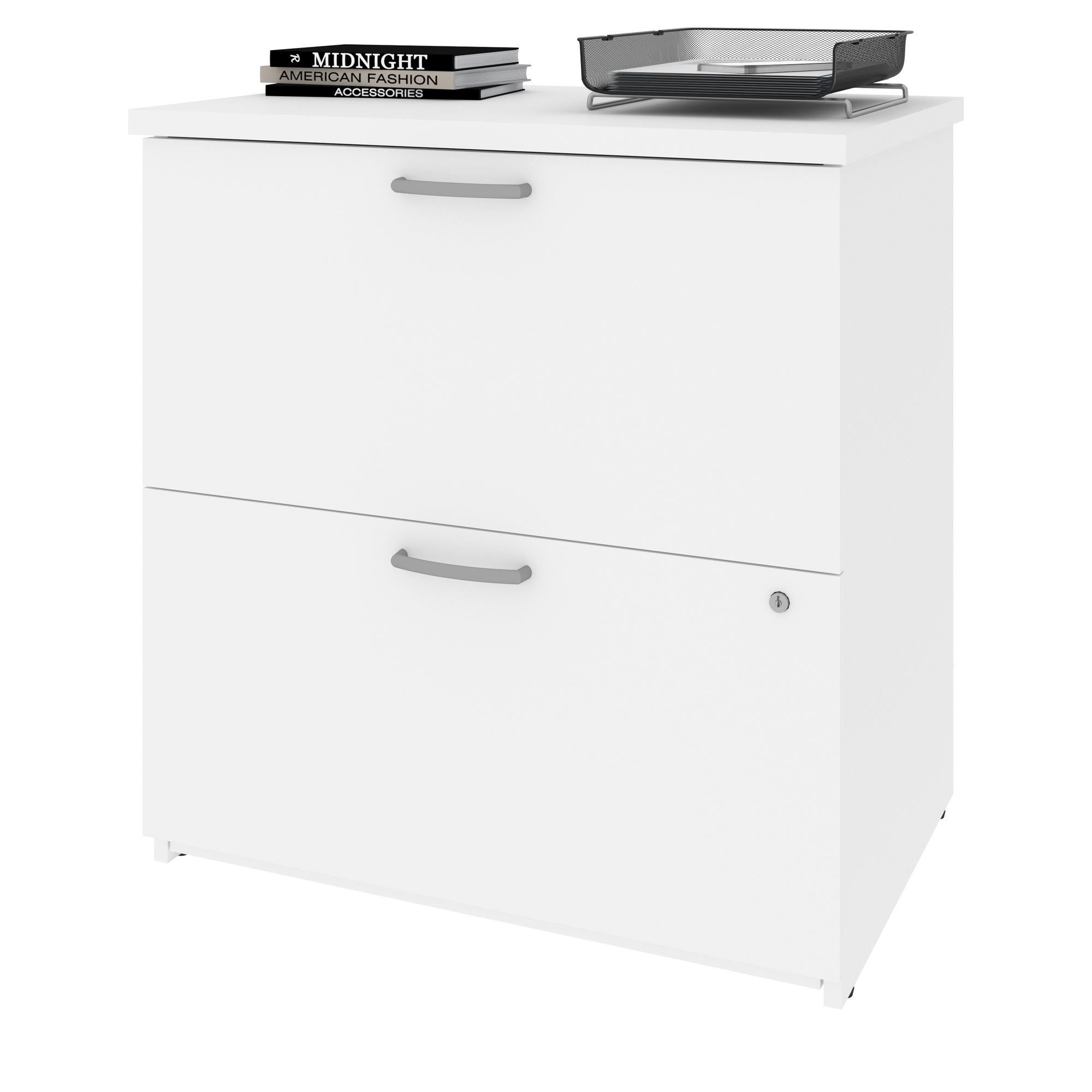 28" White Locking File Cabinet with Dainty Hardware