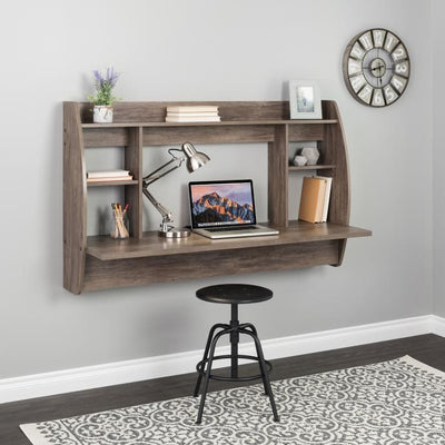 58" Wide Floating Desk with Shelf Storage in Drifted Gray