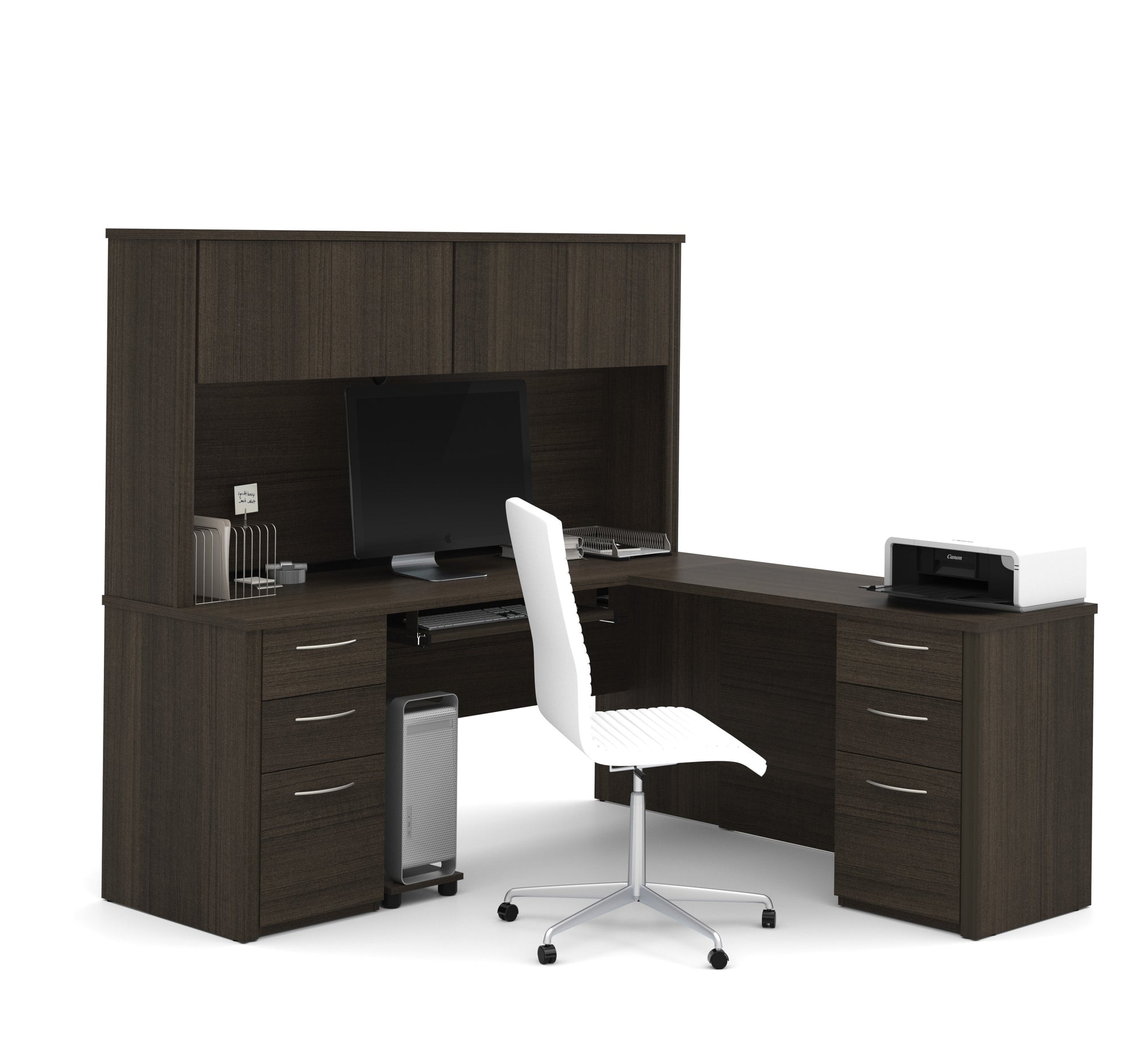 71" Dark Chocolate L-Shaped Double Pedestal Desk with Hutch