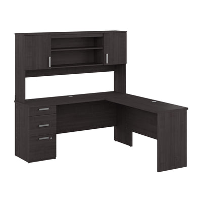 65" L-Shaped Desk in Charcoal Maple with Hutch
