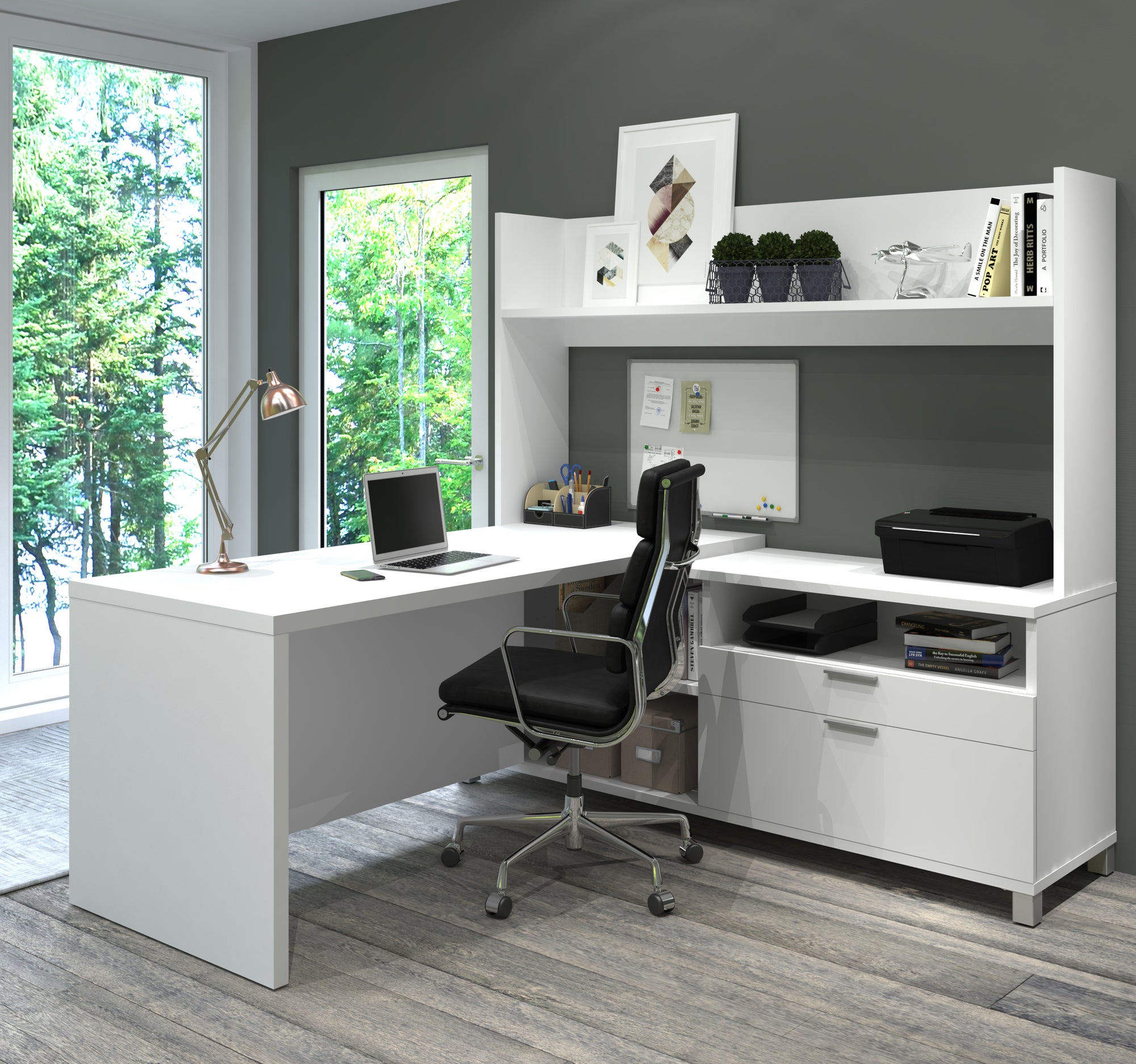 Modern L shape desk with hutch and file storage