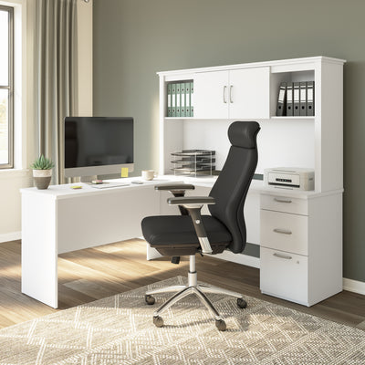 67" Matte White L-Shaped Desk with Hutch