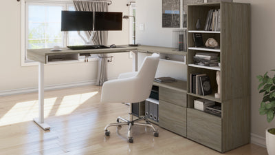 88" L-Shaped Modern Adjustable Walnut Gray Desk with Twin Monitor Arms