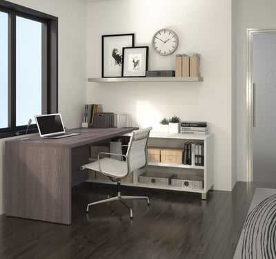 Modern L-Shaped Desk in Bark Gray & White with Integrated Shelves