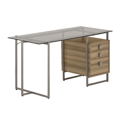 55" Glass & Silver Desk with Oak Finish Drawers