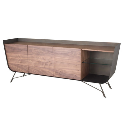 Walnut & Matte Bronze Storage Credenza w/ Glass Shelves