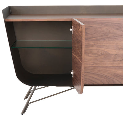 Walnut & Matte Bronze Storage Credenza w/ Glass Shelves