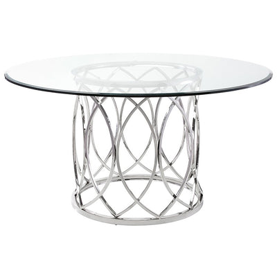 59" Round Glass & Stainless Steel Meeting Table w/ Interwoven Ring Design