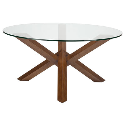 59" Round Glass & Walnut-Stained Ash Wood Meeting Table