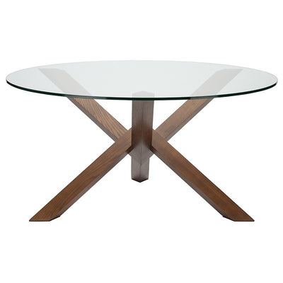 59" Round Glass & Walnut-Stained Ash Wood Meeting Table
