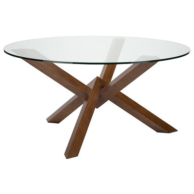 59" Round Glass & Walnut-Stained Ash Wood Meeting Table