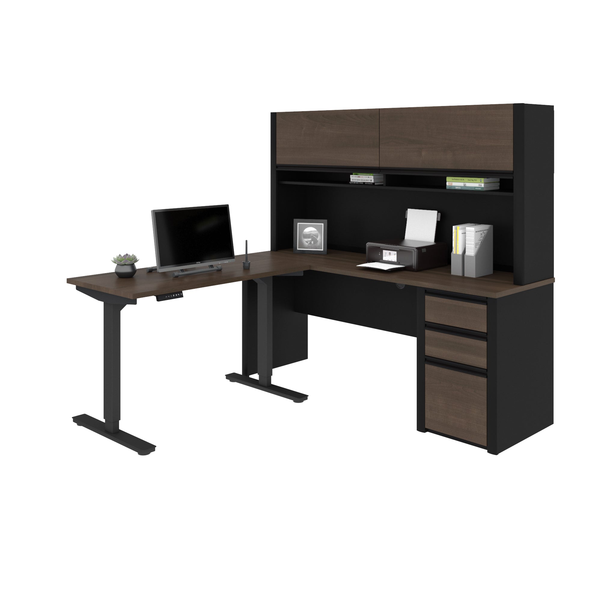Modern Antigua and Black Desk & Hutch with Included Height Adjustable Desk