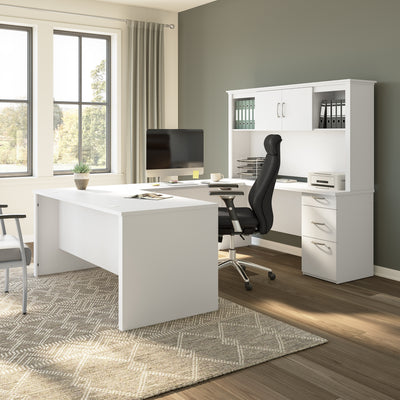 67" Elegant U-Shaped Desk in Satin White with Hutch
