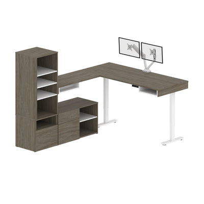88" L-Shaped Modern Adjustable Walnut Gray Desk with Twin Monitor Arms