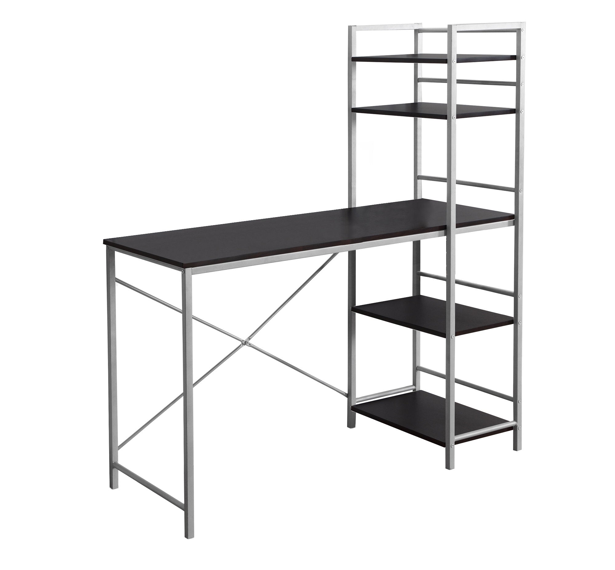 Farmhouse Desk with Ladder Bookcase in Espresso with Silver Frame