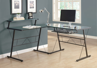Ergonomic Corner Desk with Shelf in Glass
