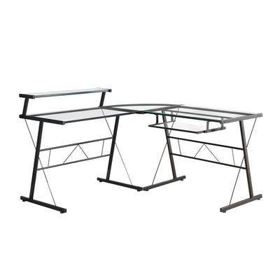 Ergonomic Corner Desk with Shelf in Glass