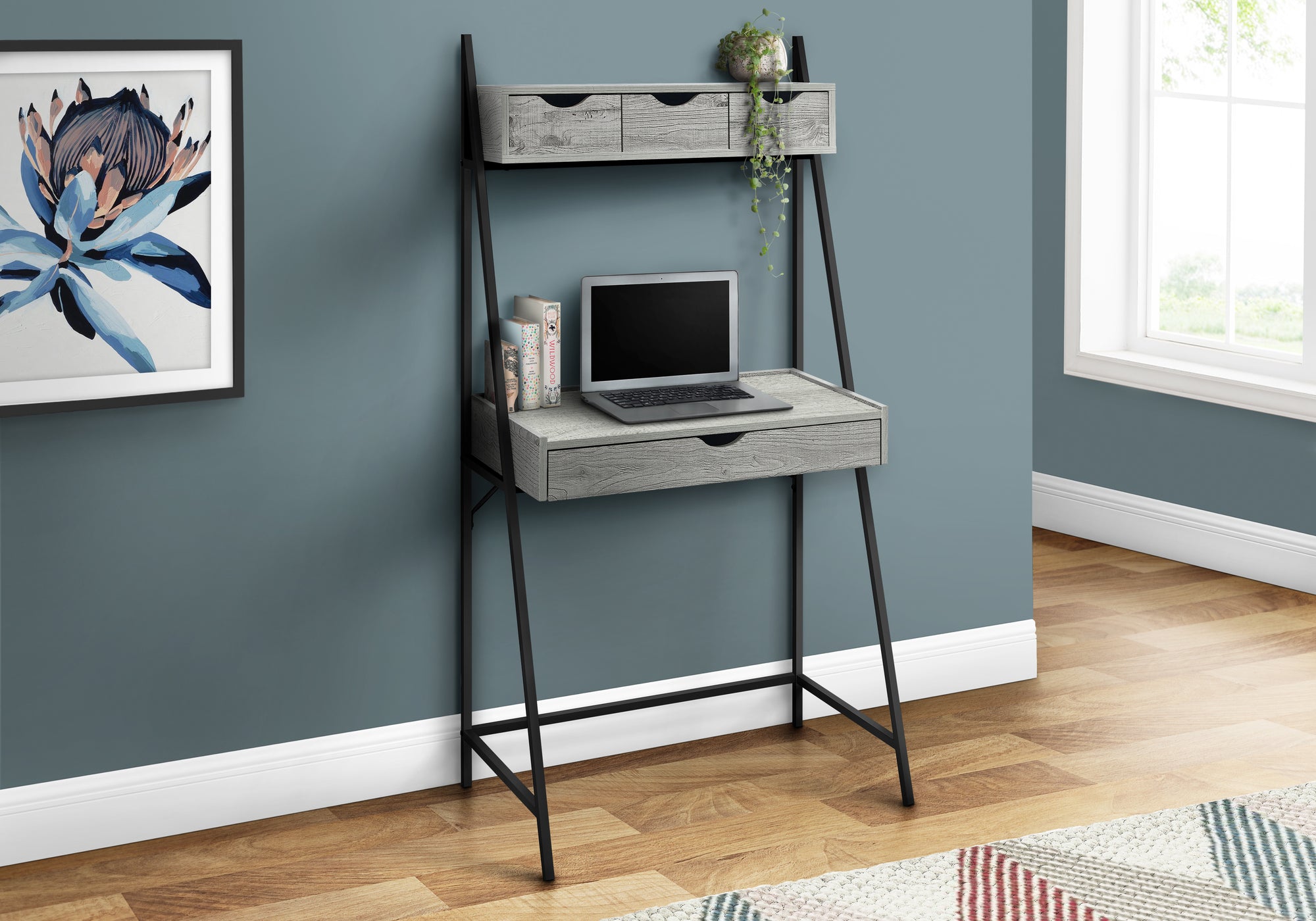 32" Gray Desk with Hutch & Storage Drawers