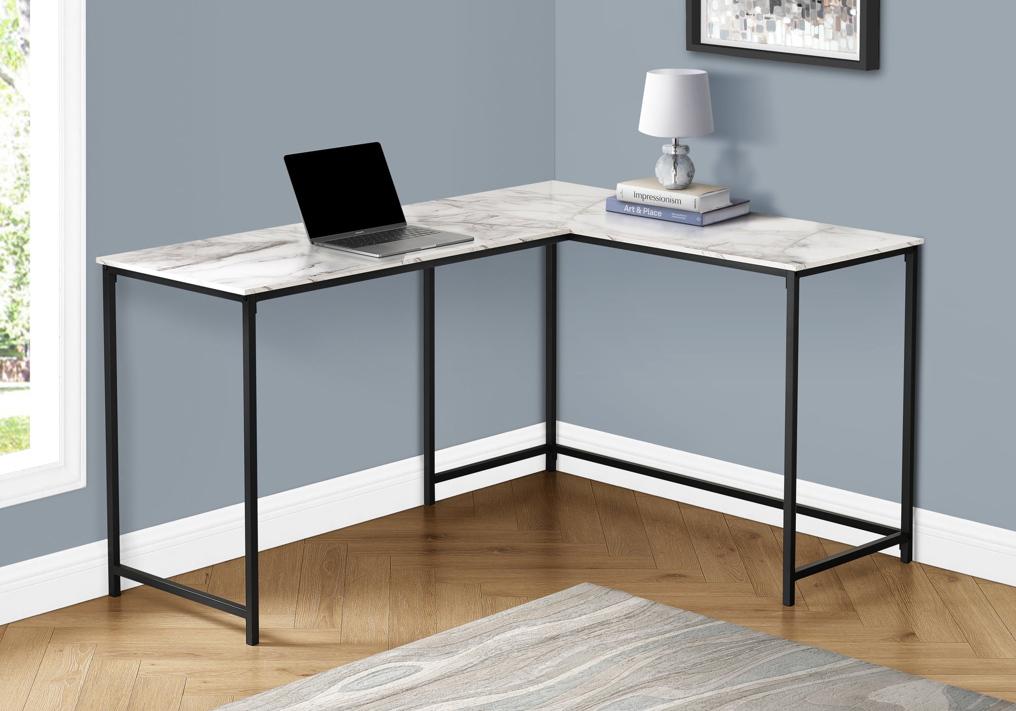 L Shaped Basic Desk in White Granite by Monarch OfficeDesk