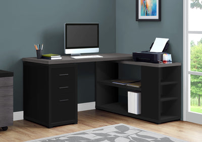 Black & Gray Woodgrain L-Shaped Desk with Built-in Credenza