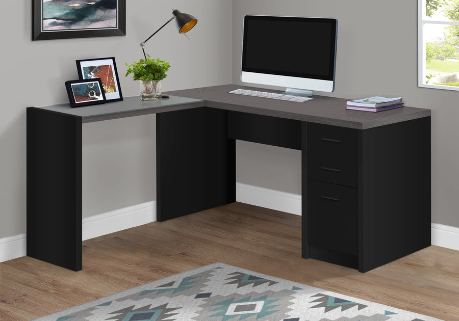 60" Gray & Black L-Shaped Desk with Glass Arm
