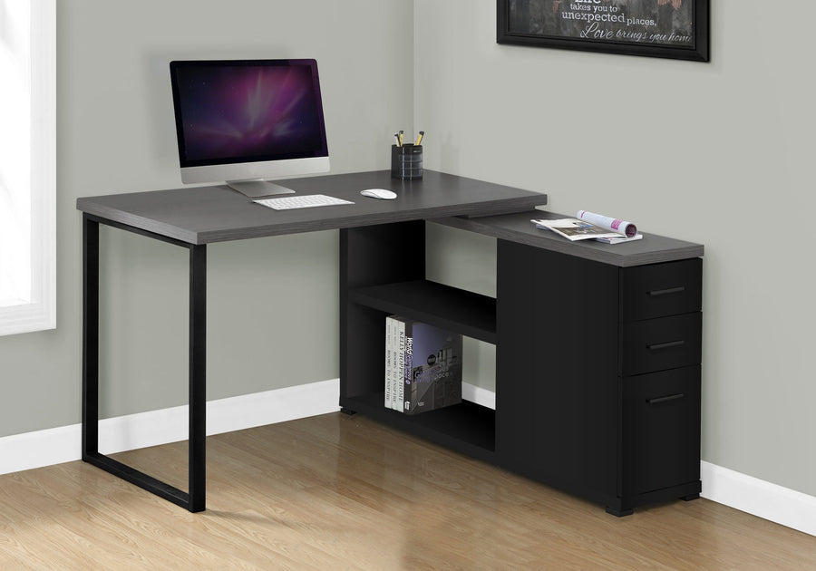 47" Reversible Corner Desk in Gray & Black with Credenza