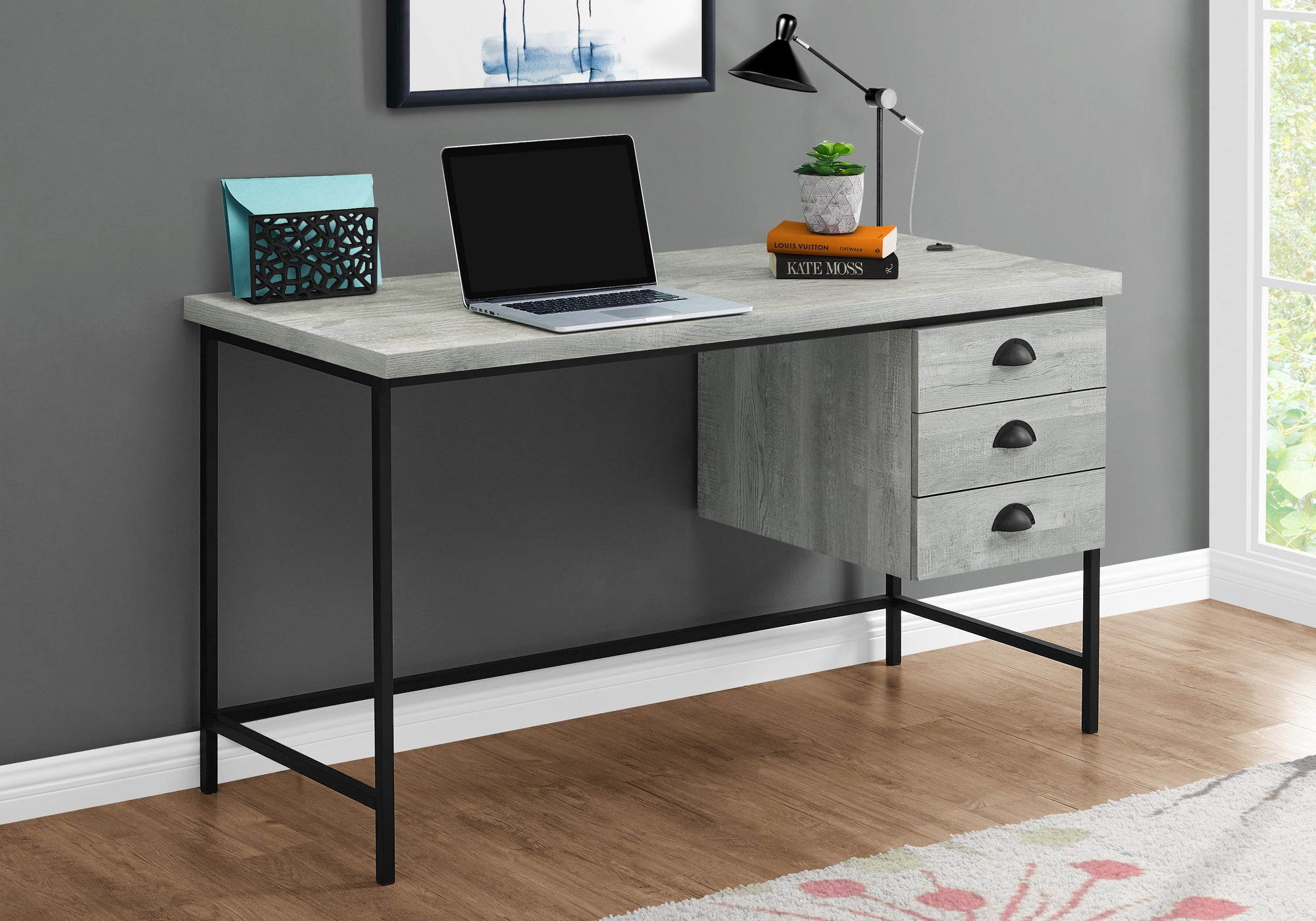 55" Gray Reclaimed Wood Desk with Suspended Cabinet