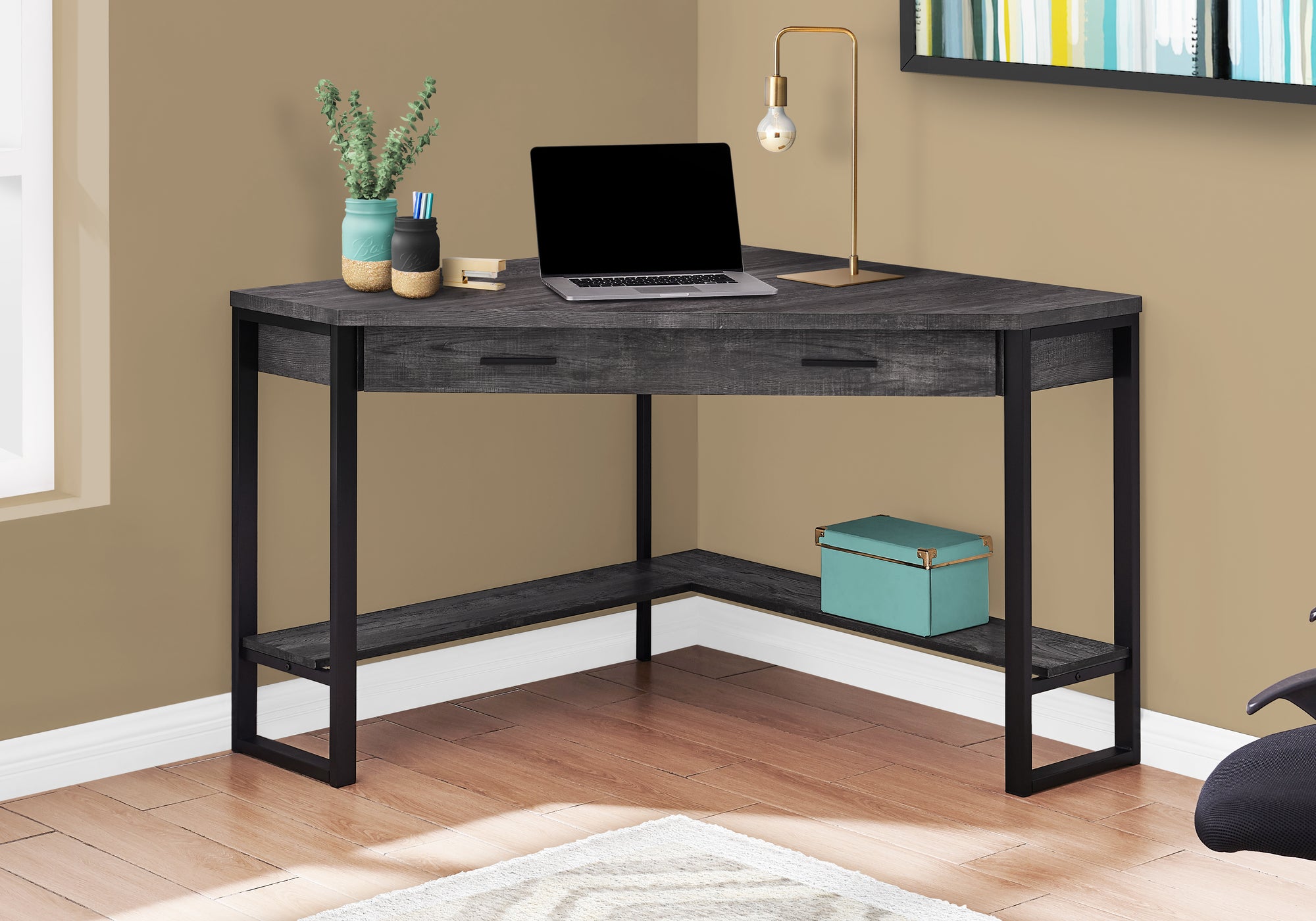 42" Reclaimed Black Wood and Frame Corner Desk