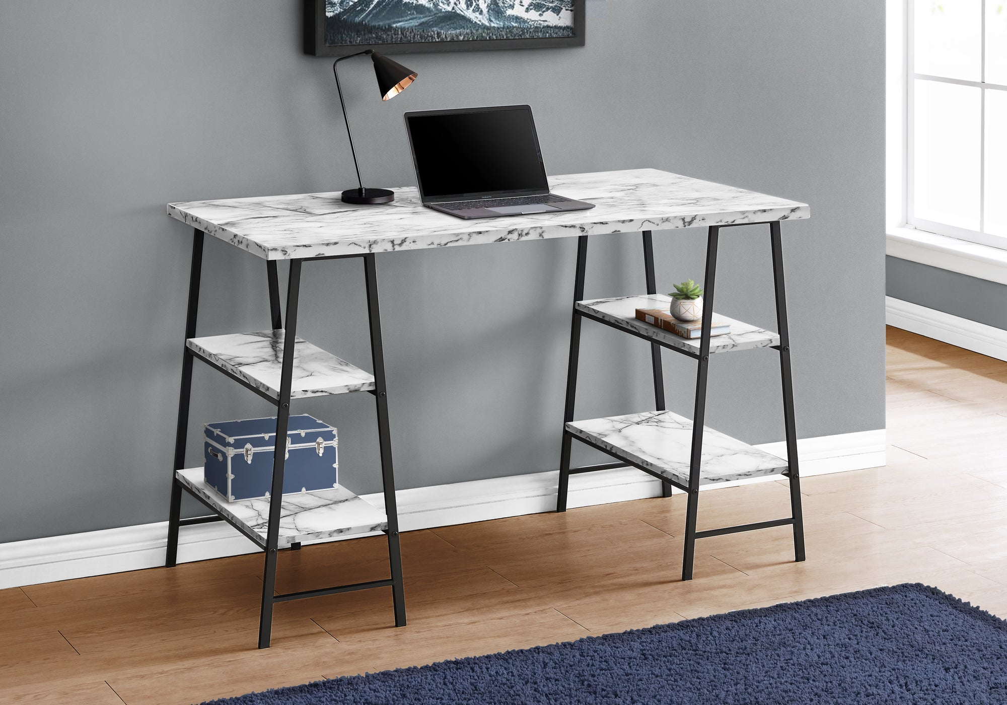 48" Sawhorse Desk in White Marble Finish & Black